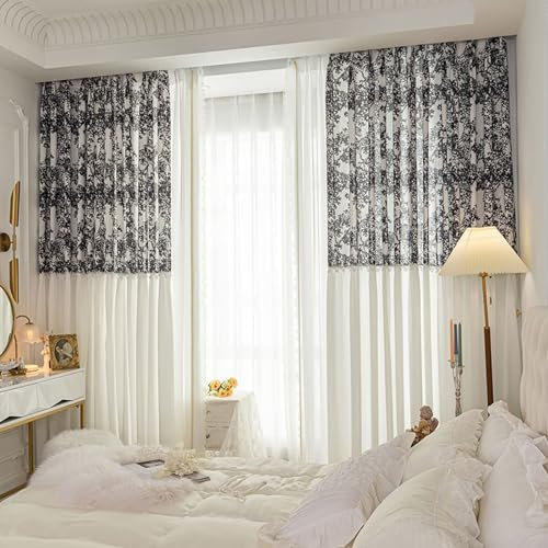 Beydodo Gardinen Küche Halbtransparent 132x274CM, Vorhänge 2er Set Haken Verbinden mit Blumen Motiv Französisch Gardinenschals Polyester Schwarz Weiß, Lichtdurchlässige Schiebevorhänge Schlafzimmer
