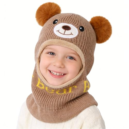 AYPOW Gorro Invierno Niño y Niña, 3 En 1 Gorro Bebé de Punto Pasamontañas niño Doble Pompón Lindos Sombrero de Forro Polar Bufanda con Capucha Lana Balaclava para Esquí Ciclismo al Aire Libre