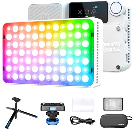 Amaran Ace 25c RGBWW - Kit de luz LED de video CCT 2300K-10000K CRI 95+ TLCI 95+, soporta control de aplicación con rejilla de control de luz de montaje magnético y mini trípode (blanco)