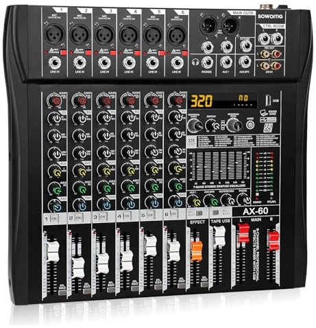 SOWOITIG 6-Kanal Audio Mixer Konsole mit 320 DSP-Effekten, Digitaler DJ-Mixer Professionelles Mischpult mit 7-Band-Equalizer, USB, Bluetooth, 48V Phantomspeisung & Mute-Taste für Aufnahme, Livemusik