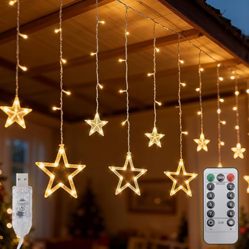 SALCAR Tenda luminosa a LED a stelle con telecomando, 1M Catena luminosa USB a stelle per interni finestra con 8 modalità, timer e memoria, luci natalizie per decorazione feste matrimoni balcone