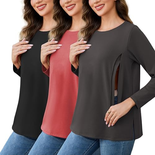 Love2Mi, confezione da 3 pezzi di magliette per l'allattamento da donna con cerniera, per l'allattamento libero, maglietta per la gravidanza, top per l'allattamento, L