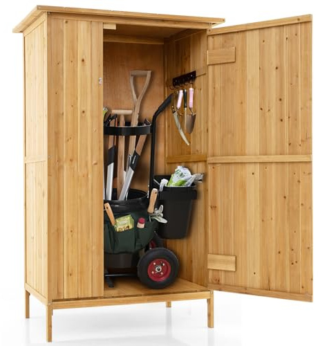 RELAX4LIFE Abri de Jardin en Bois, Armoire de Jardin Verrouillable avec Toit en Asphalte 3 Étagères 5 Crochets Double Porte, Résistante aux Intempéries pour Jardin, Terrasse