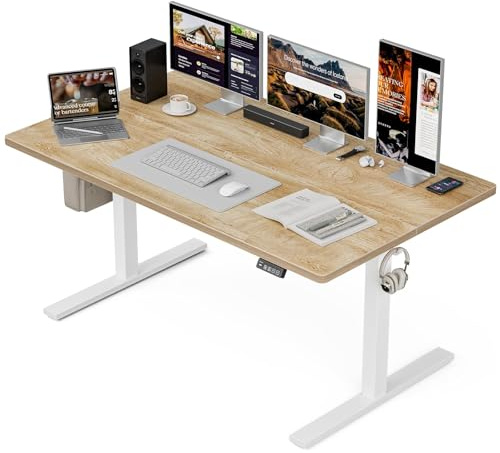 Grandder 55x32 Large Electric Standing Desk, Height Adjustable Computer Desk with 2 Memory Presets, 31.5 Deep Desktop Sit Stand Desk Home Office Desk Workstation Table with Hooks, Oak