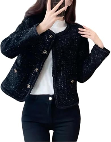 Suncadmious Blazer Corto ed Elegante in Tweed da Donna Stile Business Casual. Modello Monopetto dalla vestibilità Ampia e con Tasche Perfetto Sia per Il Lavoro Che per Il Tempo Libero (Nero,L)