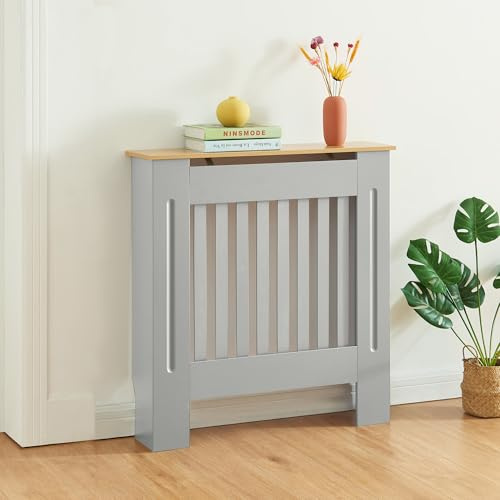 Panana Radiator Cover Cabinet, Modern Painted MDF with Slatted Grill Design (Grey with wood top, S)