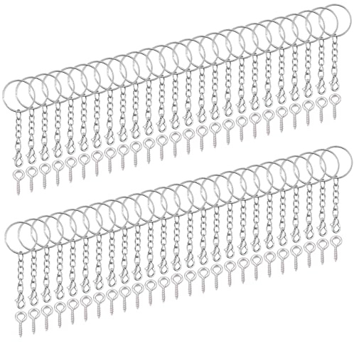 Schlüsselring mit Kette, Schlüsselanhänger Ringe Set Karabinerverschluss 25mm Silber Schlüsselringe für Schlüssel DIY Tasche Schmuckherstellung(50 Schlüsselanhänger Ringe Kette +50 Schrauböse Pins)