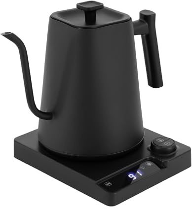 Hervidor eléctrico de acero inoxidable con cuello de cisne con ajuste de temperatura y pantalla LED, Coffee Kettle, 1 L, calefacción rápida de 1200 W, color negro
