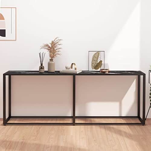 Holamys Konsolentisch Schwarz Marmor-Optik 200x35x75,5 cm, Hartglas, Pulverbeschichteter Stahl, Modernes Design für Wohnzimmer, Flur, Eingangsbereich