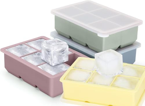 4 Pack Large Silicone Ice Cube Trays for Whiskey, Easy Release 2 inch Cube Ice Trays for Cocktail Whisky, Stackable Ice Cube Trays for Freezer with Leak Proof Removable Lid