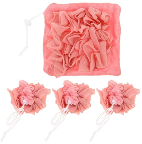 Esponjas de Ducha de Malla Naranja 4 Piezas, Baño para Adultos | Tela Ligera, Forma de Bola, Espuma Abundante, Secado Rápido, Viaje y Baño, Cuidado Delicado