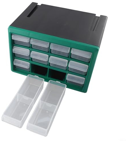 Multi-Grid Kunststoff-Schublade – stapelbare & wandmontierbare Aufbewahrungsbox für Werkzeuge & Elektronik – 12 Fächer Hardware Teile (Grün)