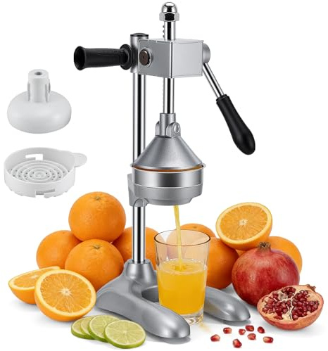 Saftpresse Manuell, Professionelle Orangenpresse Handpresse mit Doppelstempel Edelstahl+Alu - Hebelsaftpresse max Saft, leicht reinigbar, 2-in-1 Orangen, Zitronen, Granatäpfel, Grapefruits Küche/Bar