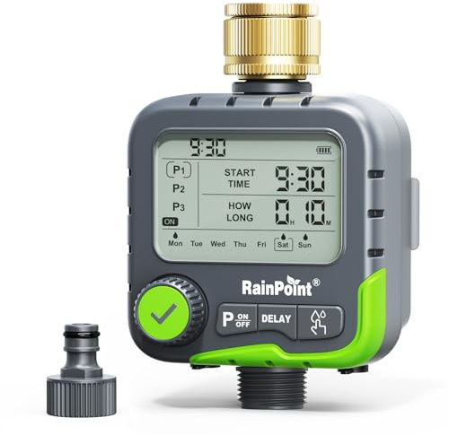 RAINPOINT Water Timer, with 3 Independent Programs, Brass Inlet, Automatic Rain Delay & Solar Recharging, IP65 Waterproof Irrigation Hose Timer for Garden, Lawn, Yard Watering