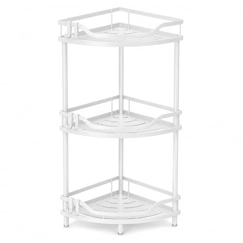 GOOGO Estantería de ducha sin taladrar 3 niveles, estante de baño de pie para ducha y lavabo, organizador esquinero metálico con drenaje (blanco)