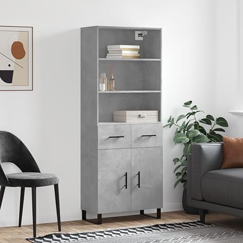 Highboard betonggrå trämaterial 69,5 x 34 x 180 cm med metallfötter, förvaringskänk för vardagsrum, matsal, köksbuffé, elegant skåp, stabil förvaringslösning