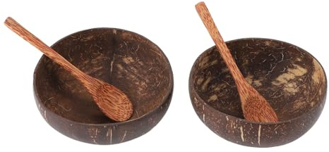 NUMNBE Cuencos de Cáscara de Coco Vieja, 2 Sets, Resistente al Calor, Multipropósito con Cuchara de Madera - Saludable y Seguro, Diseño Único, Ideal para Cocina y Hogar