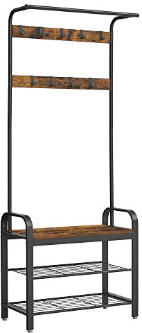 VASAGLE Garderobenständer, Garderobe, mit Schuhbank, 4-in-1 Design, 9 abnehmbare Haken, Kleiderstange, Eingangsbereich, Flur, 33,7 x 77 x 183 cm, Industrie-Design, vintagebraun-schwarz HSR40B
