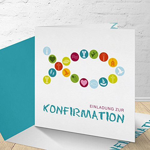 5 Karten zur Konfirmation mit passenden Umschlägen, Motiv Fisch und Symbole, Einladungskarten zur Konfirmation, Klappkarten im Set zu 5 Stk.