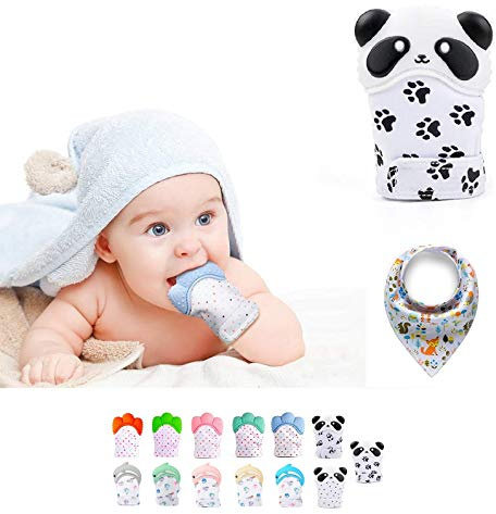 Funky Planet Beißhandschuh für Babys ab 0 Jahren - Beißhandschuh Baby Teething Toy - Raschelnder Zahnhandschuh für Zahnungshilfe aus Lebensmittelechtem Silikon + Bandana-Lätzchen mit Clip