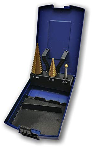 WSH-Tools Stufenbohrer – Senker Satz HSS-G 3-teilig TiN-beschichtet 4-20mm + 4-30mm mit 8,3mm Kegelsenker in Rosebox
