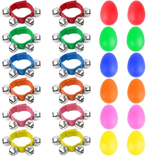Augshy 24 Stück Shaker Musikinstrumente für Kinder, 12 Stück Eier-Shaker und 12 Stück Handgelenk Handband Glöckchen