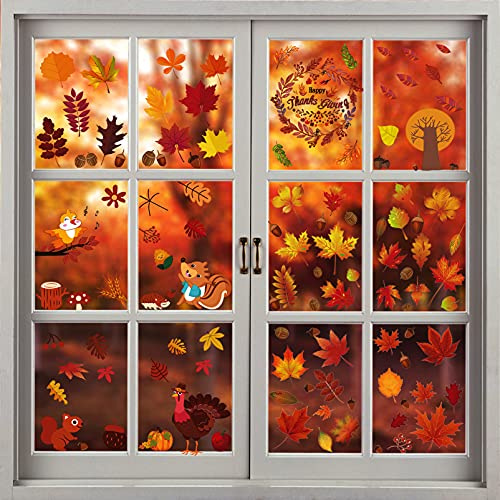 Herbst Fensterbilder,Herbst Blätter Fenster Aufkleber 6 Blatt | mit 123 Pcs Erntedankfest Fensteraufkleber,Thanksgiving Fenster Dekorationen,Aufkleber Abziehbilder Dekorationen