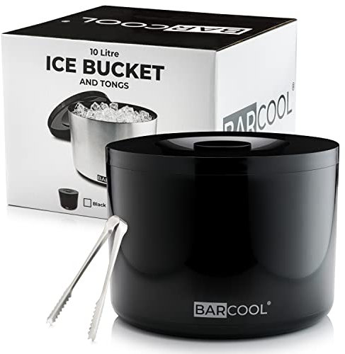 Barcool Ice Bucket with Lid and Ice Tongs | 10 Litre | Round & Double Walled Insulation | Perfect for Home Bars, Pubs, Restaurants, BBQs and Picnics (Black)