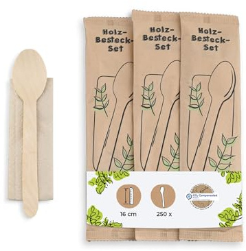 BIOZOYG Couverts en bois Set cuillère en bois avec serviette 16 cm I Revêtement bio I Couverts durables pour snack-bars & fêtes I Biodégradable & sans plastique I 500 pcs