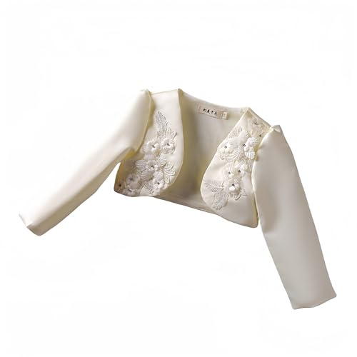 Proumhang Châle Cardigan et Veste pour Enfants,Boléro Châle à Manches Longues,Fleurs en Satin,Ouvert sur Le Devant,Robe de Mariage,de Demoiselle d'honneur,d'anniversaire et de Princesse Champagne 140