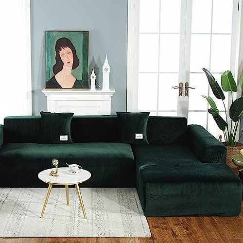 JunJiale Couchbezug L Form Segmentiert Sofabezug 2-teilig Soft Stretch Sofabezug 2-Sitzer + 4-Sitzer Möbelschutz Couch Schonbezug (schwarzgrün)