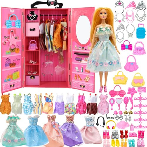 Yutoy Kleiderschrank mit Puppe mit Kleidung Set，mit Puppe Prinzessin，Kleidung，Kleider，Schrank，Schuhe，Puppenschrank，Kleiderschrank mit Zubehör