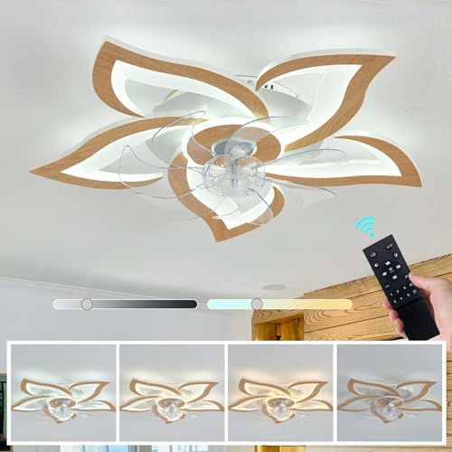 Flor Ventilador De Techo con Luz Y Mando A Distancia Salon Regulable Plafon Led Ventilador DC Motor Reversible 6 Velocidades Lampara Ventilador Techo Diseño-Wood Grain