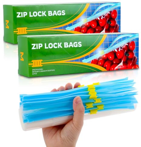 50 Pcs Zip Lock Bags, Food Storage Freezer Bags (2.27L) Reusable Sandwich Bags Food Storage Bags with Expandable Bottom, BPA Free Zip Seal Freezer Bags for Fruits, Vegetables, Meat, Grains