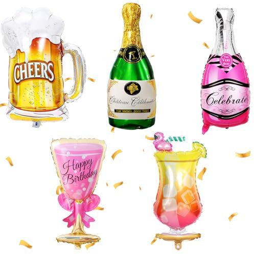 YOUYIKE Champagne Balloons, 5 Pcs Beer Helium Balloon, Foil Balloon Champagne, Whiskey Bottle Wine Glass for Birthday Holiday Wedding Beer Theme Party Decoration