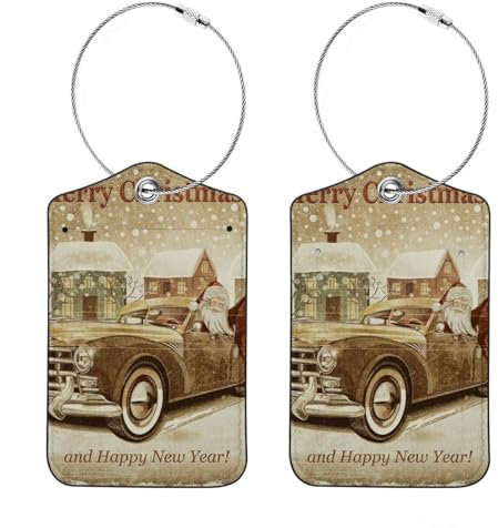 Gepäckanhänger, Vintage-Weihnachtsmann im Auto, PU-Leder, Gepäckanhänger mit Sichtschutzklappe, Namensschild, für Koffer, Reisetasche, Rucksack, 2 Stück