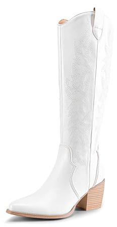 DREAM PAIRS Women's Knee-High Boots, Comfortable Chunky Block Heel Pointed Toe Pull On Side Zipper Suede Slouch Riding Boots,Size 7,White,SDKB224W-W