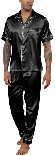 Reliwel Pijama Hombre Satén Pijama de Seda para Hombre Manga Corta con Botones y Pantalones Largos Ropa de Descanso Conjuntos de 2 Piezas Negro, L