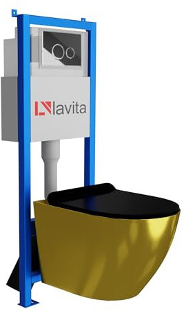 Lavita LAV 101 Vorwandelement für WC 40cm + Wand Hänge Tiefspül WC SOFI SLIM GOLD/BLACK Spülrandlos + Bedienplatte LAV 200.4.2 Verchromt + WC Sitz mit Absenkautomatik Komplettset Unterputz WC