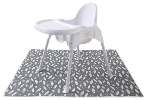 Treer Hochstuhl Bodenmatte Baby Hochstuhl Unterlage 130cm Spritzmatte für Unter Hochstuhl, Kreative Bodenschutzmatte Wasserdicht Rutschfest Krabbelmatte Faltbar Baby Spielmatte (Graue Blätter)