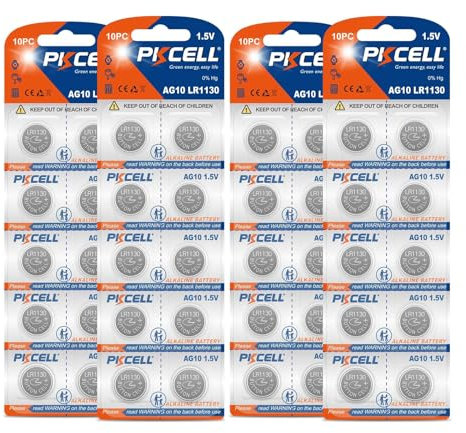 PKCELL LR1130 AG10 Piles Bouton alcaline pour Livres sonores,Montre,Jouets,Lot de 40