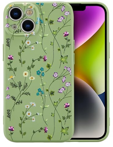 RALEAVO Flower Case for iPhone 14, Liquid Silicone Shockproof Protection Case Cover for Girls Women with Aesthetic Cute Floral Patterns Soft Slim Phone Case for iPhone 14 6.1-Green