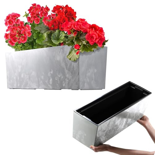 KADAX Blumenkasten 18,5x56 cm, Betonmuster, Grau, mit Einsatz – wetterfester rechteckiger Pflanzkasten für Balkon und Outdoor