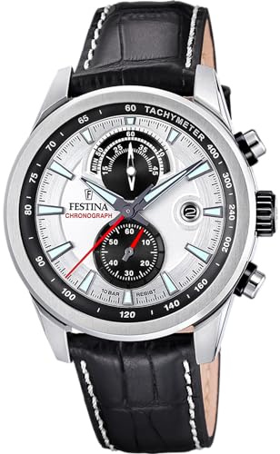 Festina Montre Homme Analogique avec Bracelet en Cuir Noir - Mouvement Quartz - Chronographe - Calendrier - Verre Minéral Haute Résistance - Étanche 10 ATM - Élégante F20695/1 Timeless Chronograph