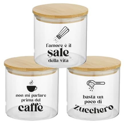Generico Set Tris Contenitori per Sale Zuccherro e Caffè Personalizzati con Frasi Simpatiche Confezione 3 Barattoli Trasparenti In Vetro Coperchio Legno Idea Regalo Arredo Decorazioni Casa Cucina