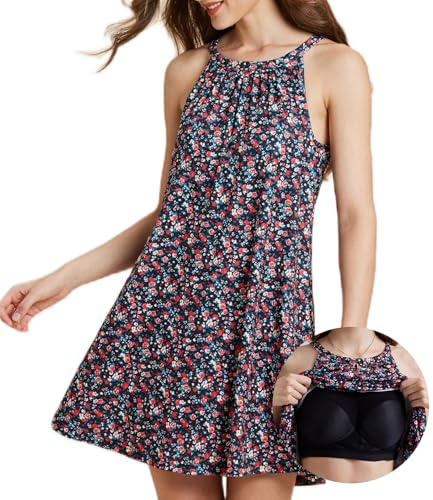 ANYFITTING Vestido de Verano para Mujer con Sujetador Incorporado Vestido sin Mangas Elegante Vestido Tipo Halter Vestido Línea A Mini Vestido L