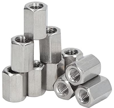 10 Stück Sechskant-Kupplungsmuttern, M10 304 Edelstahl-Sechskantmuttern mit dicken Zähnen für lange Stangen, Baumaschinen, Verbindungselemente, Bolzen, Bolzen, Maschinenschrauben