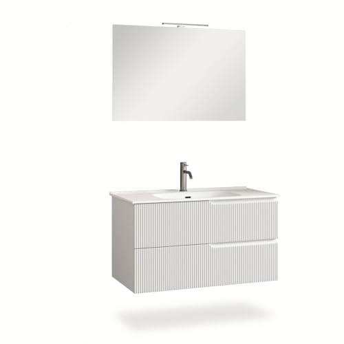 AQA DESIGN mobile bagno composizione 4 pezzi, mobile bagno con lavabo, set mobili bagno nr2 cassetti e chiusura soft close, maniglia a gola pantografata, nr1 lampada - Bianco - 101x46,5x190 cm