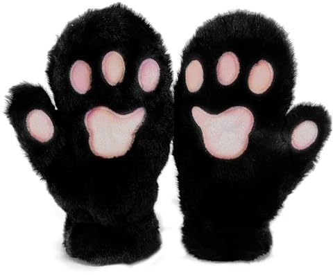 AffeGifts Katttasshandskar, plyschhandskar vantar söta helfingerhandskar varma vinterhandskar katt cosplay handskar för kvinnor damer och tonårsflickor, Svart, 8.6*3.9 in