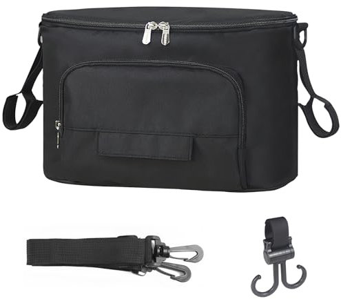 Bizcasa Kinderwagen Organizer, Universal Kinderwagentasche, Baby Kinderwagen Tasche, Baby Wickeltaschen mit Reißverschlusstasche, Becherhalter, Schultergurt und Großem Stauraum (Schwarz)